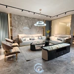 Modern Luxury Sofa Set with High-Gloss Natural Burl Wood Veneer, Full-Wrap Polished Gold Stainless Steel Frame & Handcrafted Braided Detail